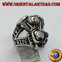 Silver ring, Harley Davidson engine "LIVE TO RIDE"
