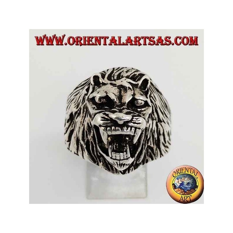 Bague en argent, grognement de tête de lion
