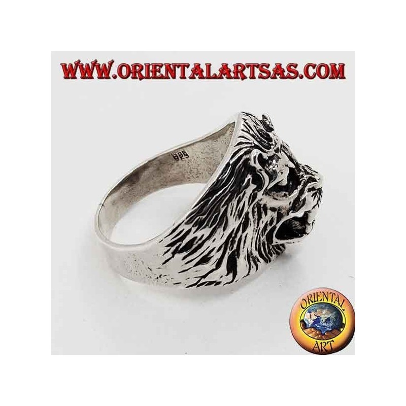 Anillo de plata, cabeza de león gruñendo