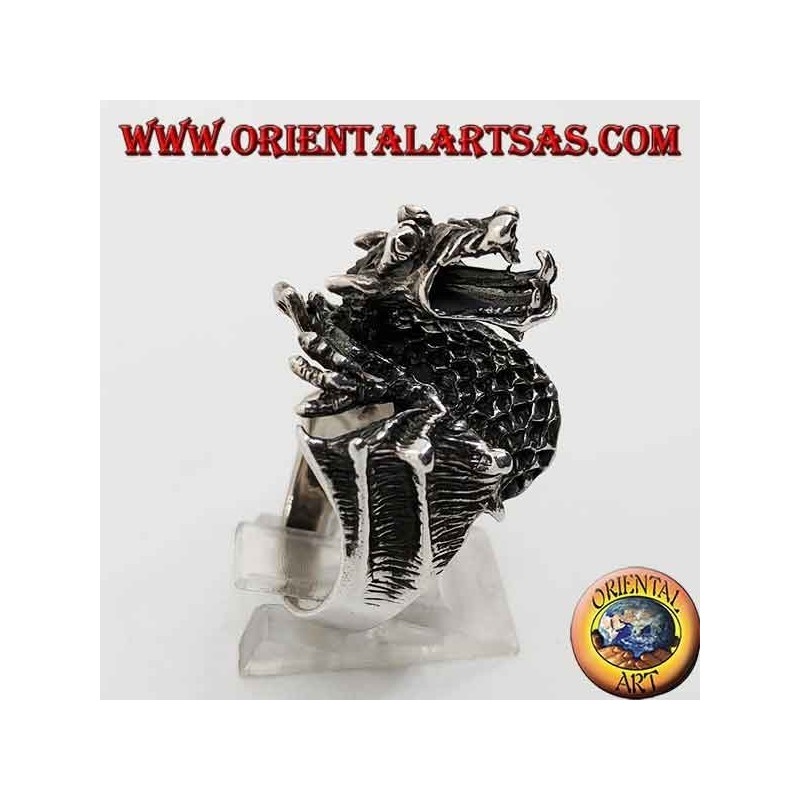 Silver ring in the shape of a dragon flamethrower
