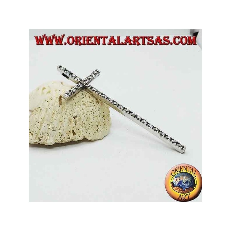 Rhodium-plated silver pendant with large cross and embedded zircons