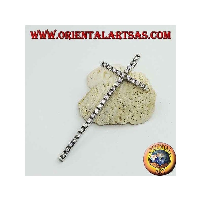 Rhodium-plated silver pendant with large cross and embedded zircons