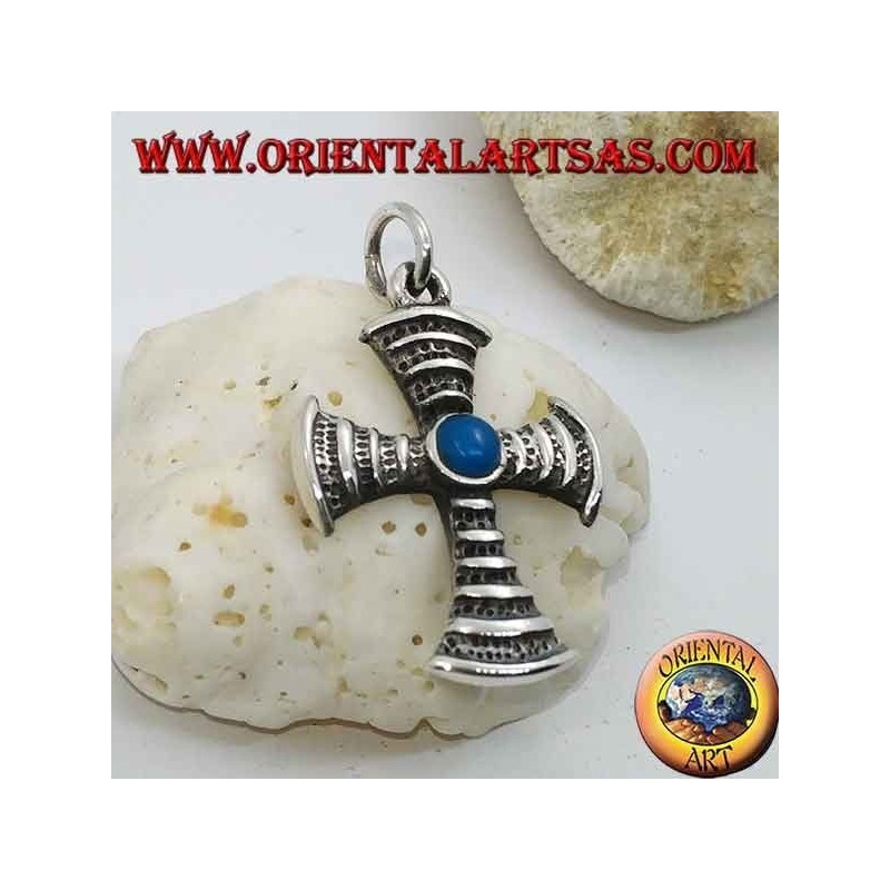 Cross-shaped silver pendant with central round turquoise
