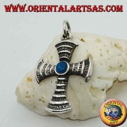 Cross-shaped silver pendant with central round turquoise