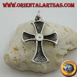 Cross-shaped silver pendant with central round turquoise
