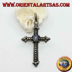 Silver cross pendant with oval rainbow moonstone