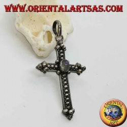 Silver cross pendant with oval rainbow moonstone