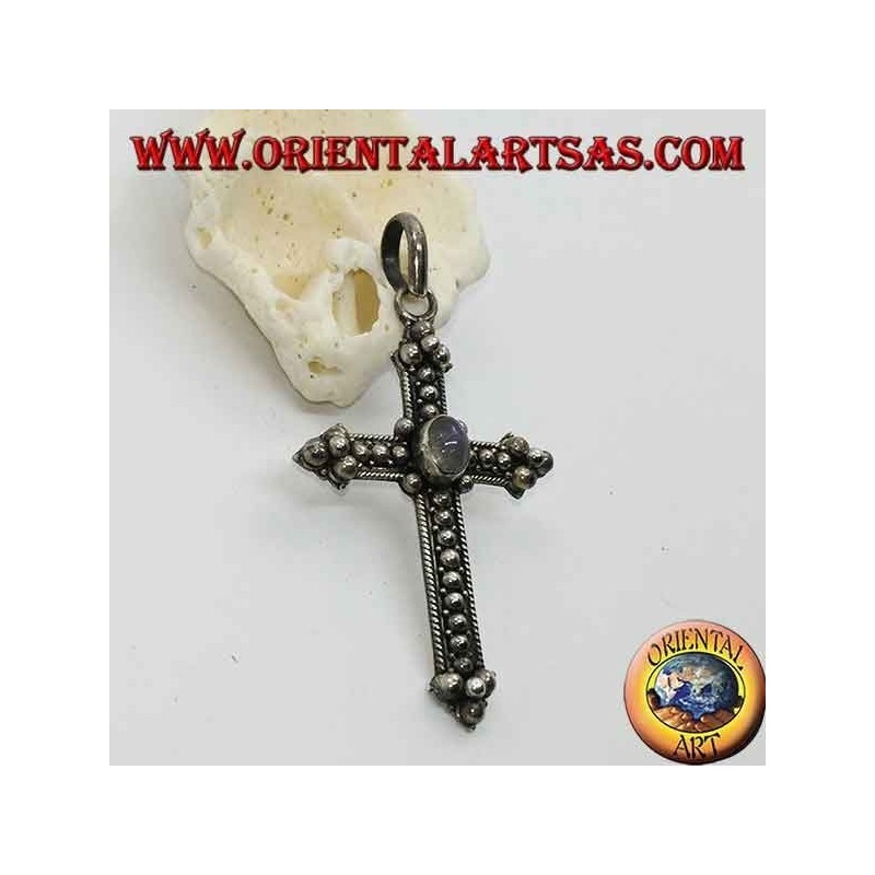 Colgante cruz de plata con piedra de luna ovalada del arco iris