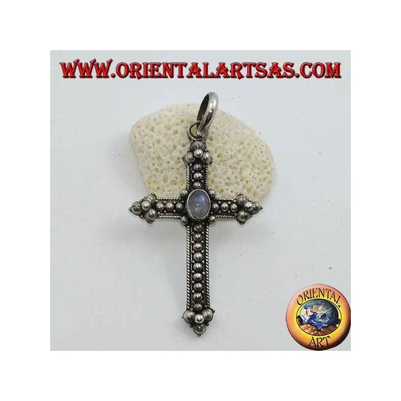 Silver cross pendant with oval rainbow moonstone