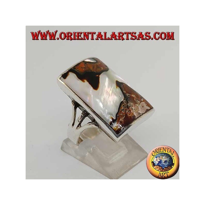 Silver ring with rectangular spotted mother of pearl