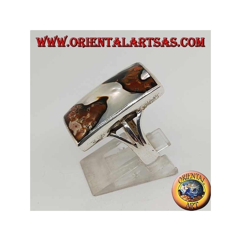 Silver ring with rectangular spotted mother of pearl
