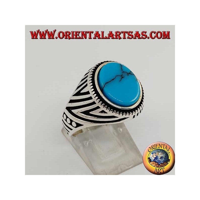 Silver ring with flat oval turquoise and engravings engraved on the sides