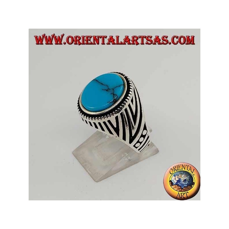 Silver ring with flat oval turquoise and engravings engraved on the sides