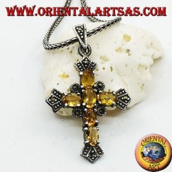Silver cross pendant with six yellow topazes and marcasites