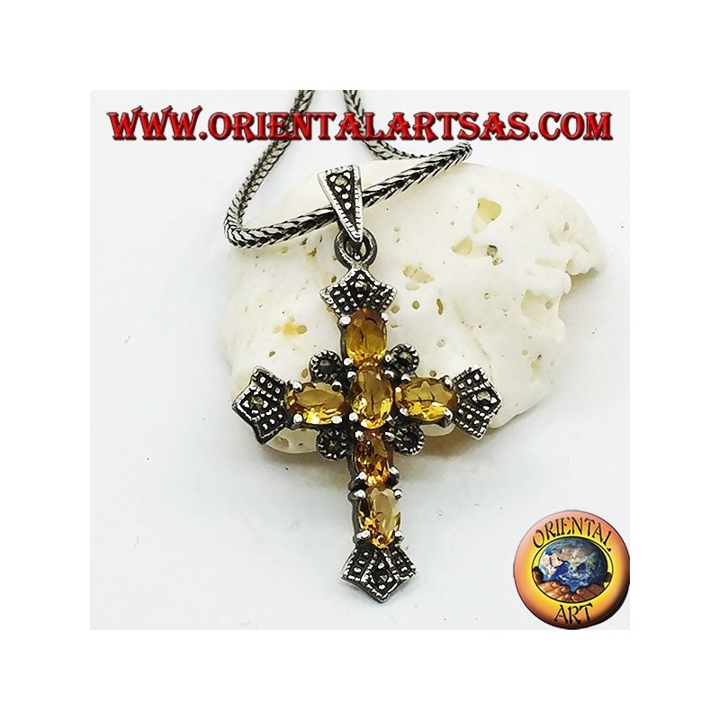 Colgante cruz de plata con seis topacios amarillos y marcasitas