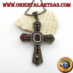 Silver cross pendant with central rectangular garnet and garnets and marcasites on the arms