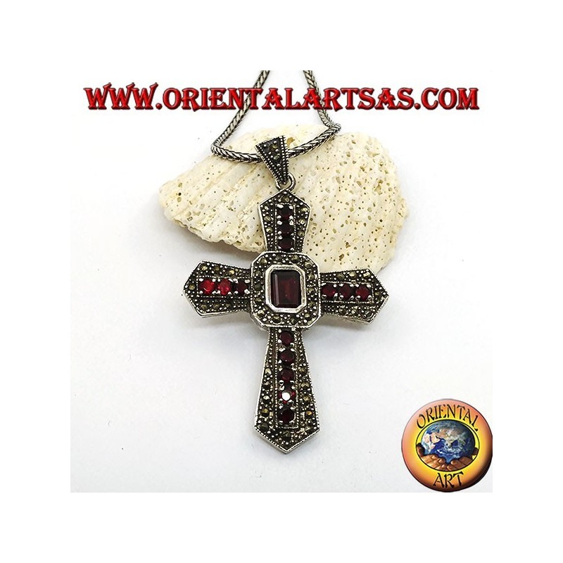 Silver cross pendant with central rectangular garnet and garnets and marcasites on the arms