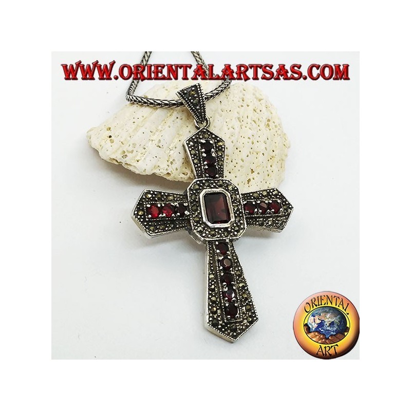 Silver cross pendant with central rectangular garnet and garnets and marcasites on the arms