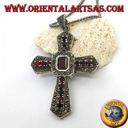 Silver cross pendant with central rectangular garnet and garnets and marcasites on the arms