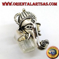 Silver ring in the shape of a Ganesh head with a rose between the trunk (large)