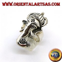Bague en argent en forme de tête de Ganesh avec une rose entre le tronc (grand)