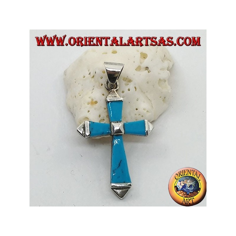 Silver cross pendant with turquoise paste arms and silver structure