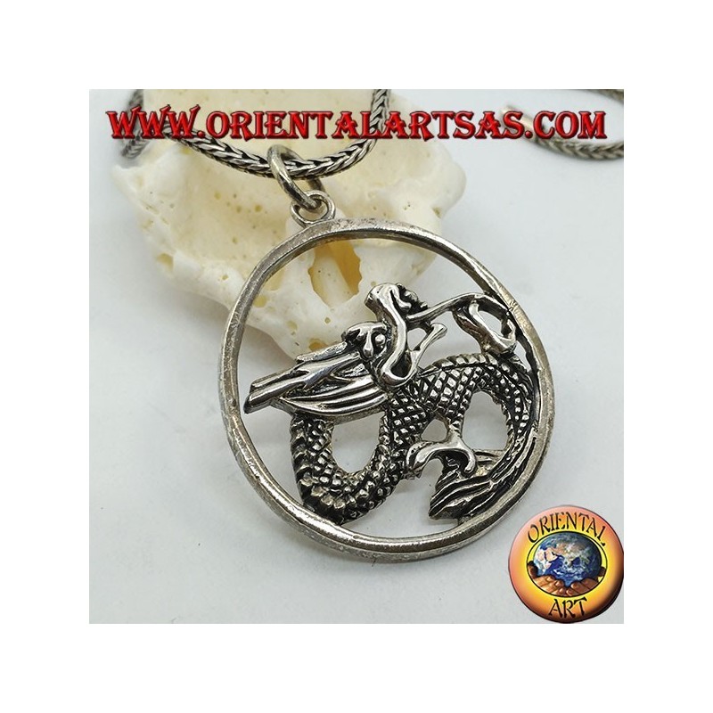 Silver dragon pendant in the circle (large)