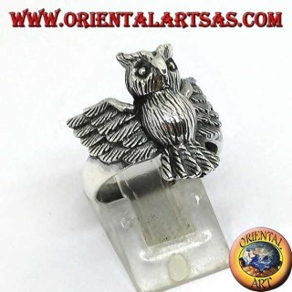 Silver ring with whole owl with open wings