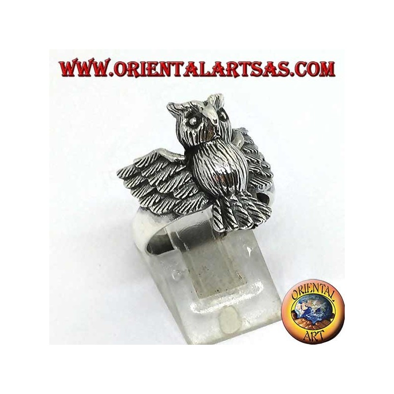 Silver ring with whole owl with open wings
