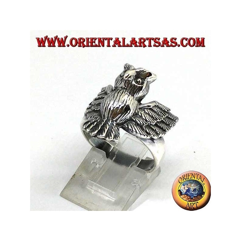 Silver ring with whole owl with open wings