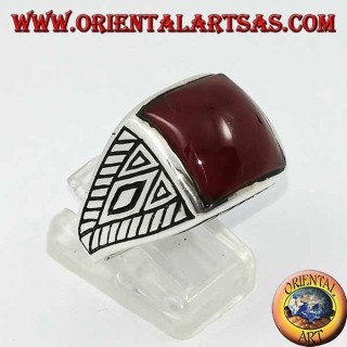 Silver ring with rounded square carnelian geometric inlays on the sides