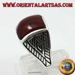 Silver ring with rounded square carnelian geometric inlays on the sides
