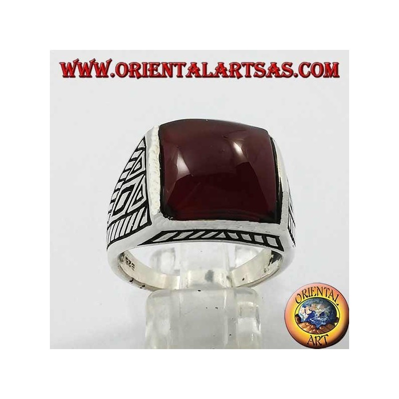 Silver ring with rounded square carnelian geometric inlays on the sides