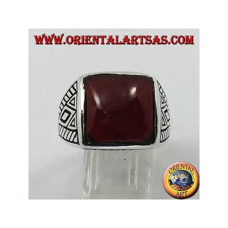 Silver ring with rounded square carnelian geometric inlays on the sides