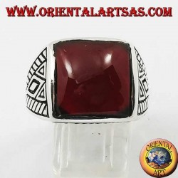Silver ring with rounded square carnelian geometric inlays on the sides