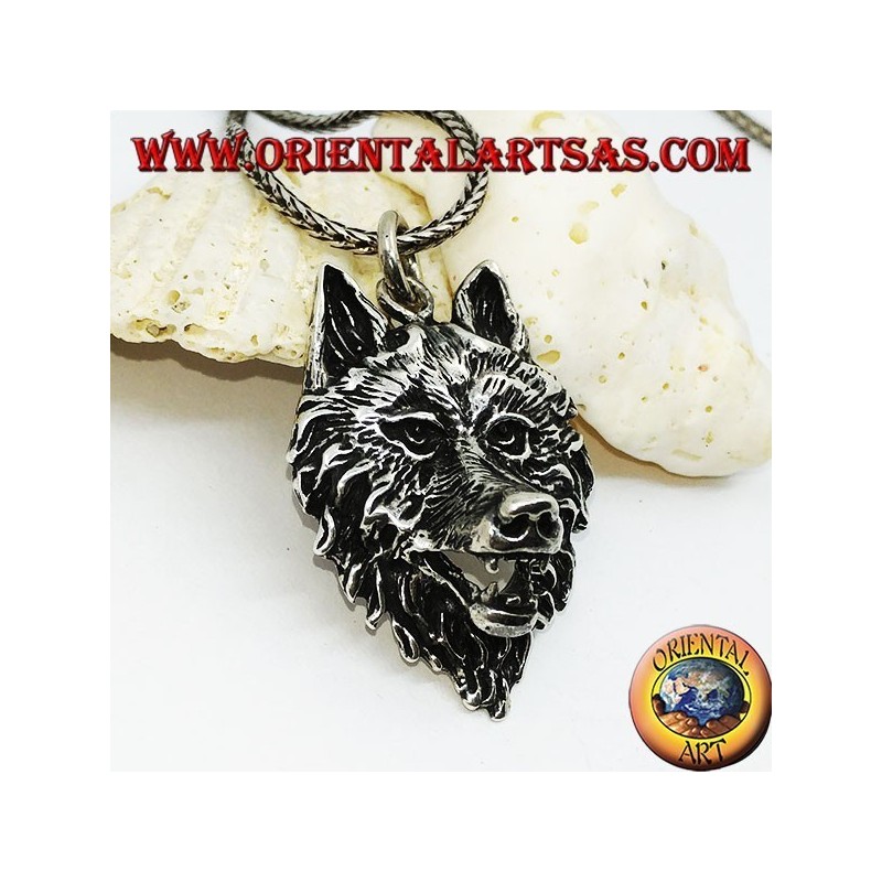 Large silver wolf head pendant