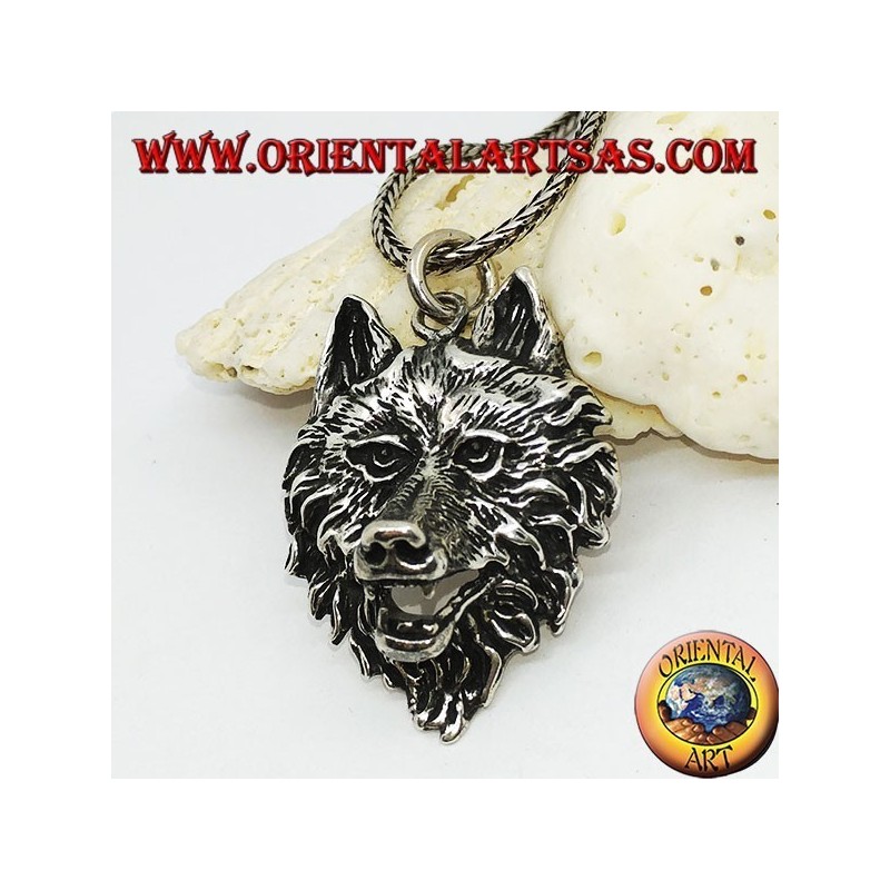 Large silver wolf head pendant