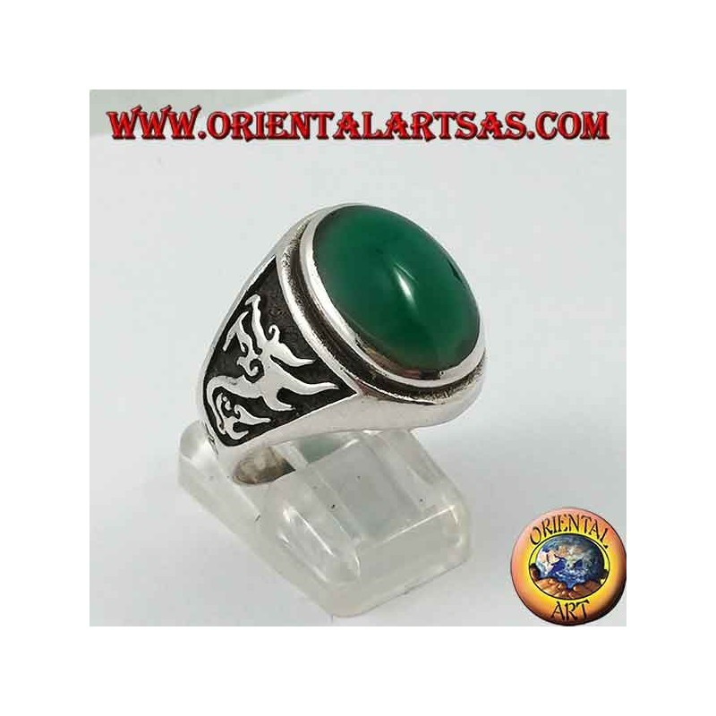 Silver ring with oval green agate and dragon in high relief on the sides