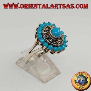 Anillo redondo de plata turquesa con turquesa redonda rodeada de marcasita