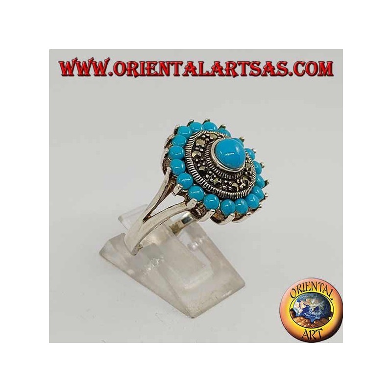 Bague ronde en argent turquoise avec turquoise ronde entourée de marcassite