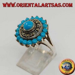 Bague ronde en argent turquoise avec turquoise ronde entourée de marcassite