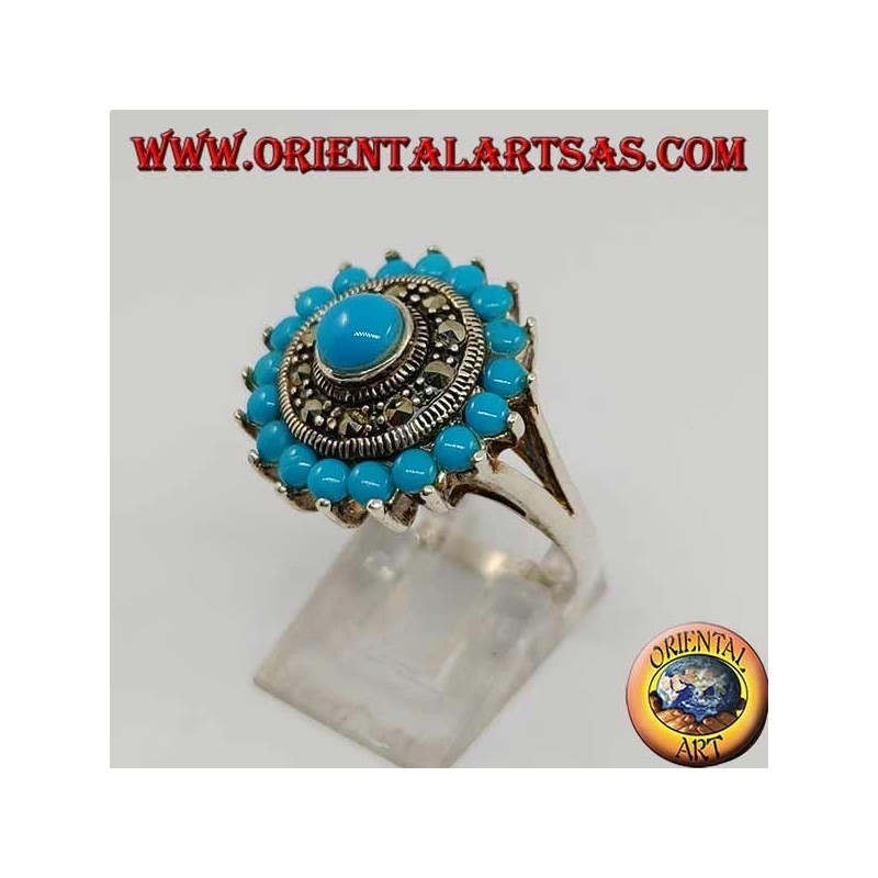 Anillo redondo de plata turquesa con turquesa redonda rodeada de marcasita