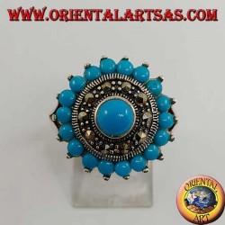 Anillo redondo de plata turquesa con turquesa redonda rodeada de marcasita