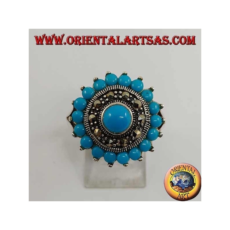 Anillo redondo de plata turquesa con turquesa redonda rodeada de marcasita