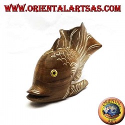 Hand-painted corrugated fish sculpture in teak wood (natural, small)