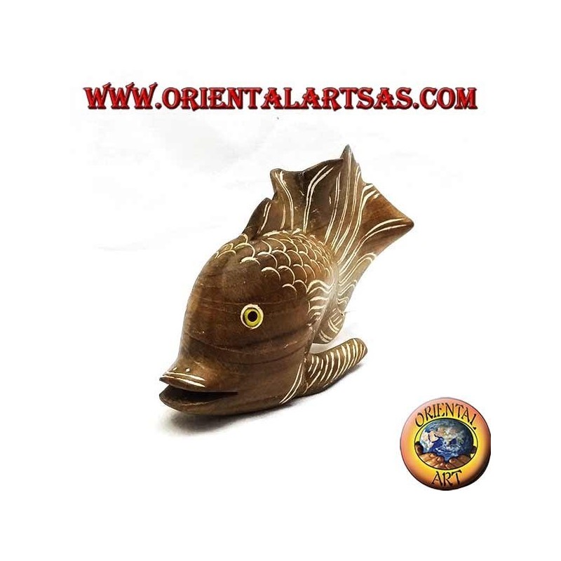 Hand-painted corrugated fish sculpture in teak wood (natural, small)