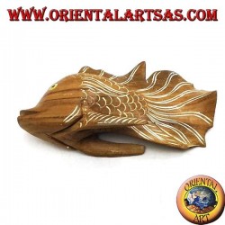 Hand-painted corrugated fish sculpture in teak wood (natural, small)