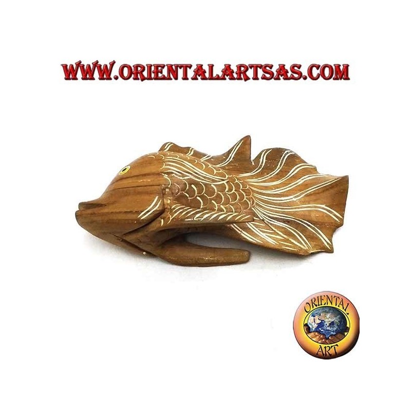 Sculpture de poisson ondulé peint à la main en bois de teck (naturel, petit)