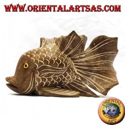 Hand-painted corrugated fish sculpture in teak wood (natural, medium)