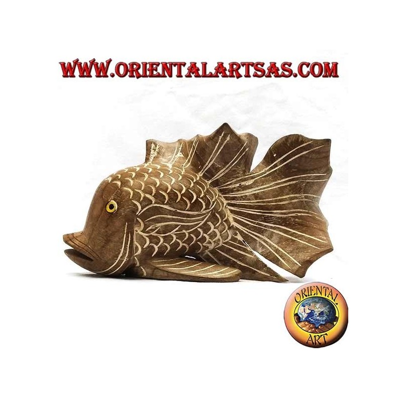 Hand-painted corrugated fish sculpture in teak wood (natural, medium)